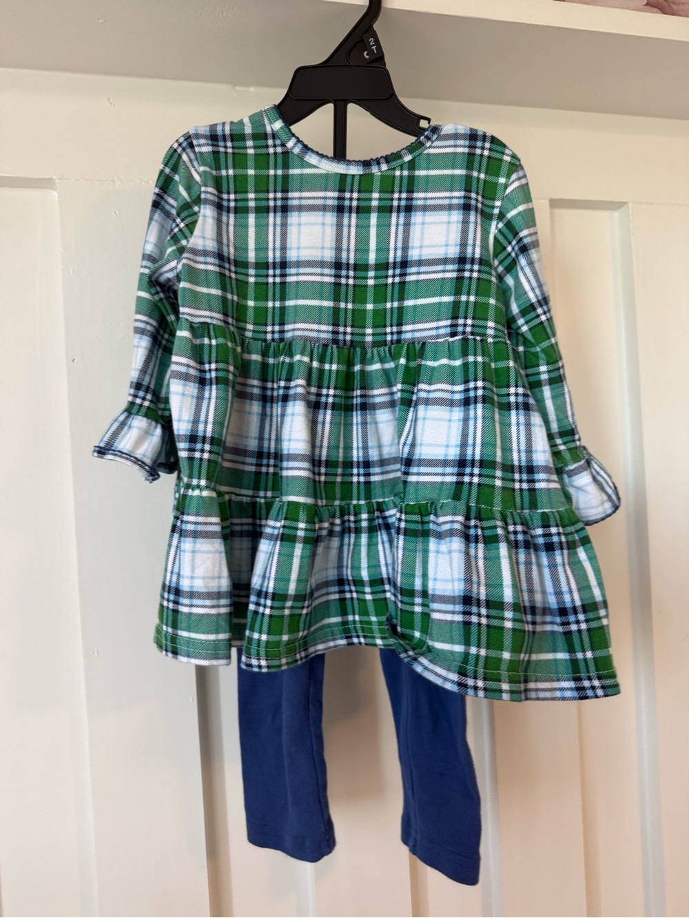 Girls Green Plaid Tiered Tunic Set with Navy Leggings